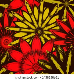 Seamless floral background. The gradient can be off. Tracery handmade nature ethnic fabric backdrop pattern with flowers. Textile design texture. Decorative color art. Vector