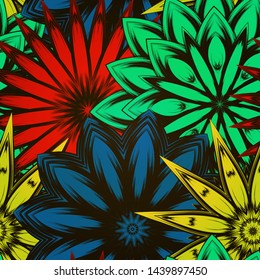 Seamless floral background. The gradient can be off. Tracery handmade nature ethnic fabric backdrop pattern with flowers. Textile design texture. Decorative color art. Vector