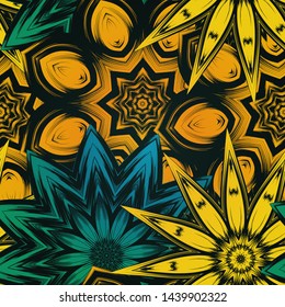 Seamless floral background. The gradient can be off. Tracery handmade nature ethnic fabric backdrop pattern with flowers. Textile design texture. Decorative color art. Vector