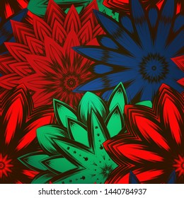 Seamless floral background. The gradient can be off. Tracery handmade nature ethnic fabric backdrop pattern with flowers. Textile design texture. Decorative color art. Vector