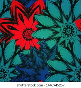 Seamless floral background. The gradient can be off. Tracery handmade nature ethnic fabric backdrop pattern with flowers. Textile design texture. Decorative color art. Vector