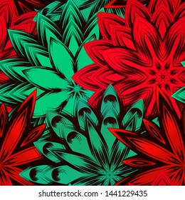 Seamless floral background. The gradient can be off. Tracery handmade nature ethnic fabric backdrop pattern with flowers. Textile design texture. Decorative color art. Vector