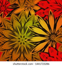 Seamless floral background. The gradient can be off. Tracery handmade nature ethnic fabric backdrop pattern with flowers. Textile design texture. Decorative color art. Vector