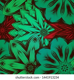 Seamless floral background. The gradient can be off. Tracery handmade nature ethnic fabric backdrop pattern with flowers. Textile design texture. Decorative color art. Vector