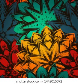 Seamless floral background. The gradient can be off. Tracery handmade nature ethnic fabric backdrop pattern with flowers. Textile design texture. Decorative color art. Vector