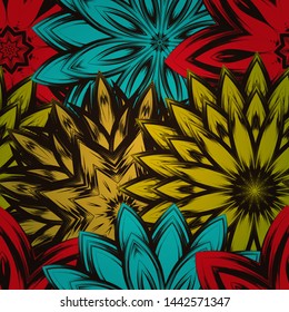 Seamless floral background. The gradient can be off. Tracery handmade nature ethnic fabric backdrop pattern with flowers. Textile design texture. Decorative color art. Vector