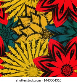 Seamless floral background. The gradient can be off. Tracery handmade nature ethnic fabric backdrop pattern with flowers. Textile design texture. Decorative color art. Vector