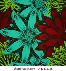 Seamless floral background. The gradient can be off. Tracery handmade nature ethnic fabric backdrop pattern with flowers. Textile design texture. Decorative color art. Vector