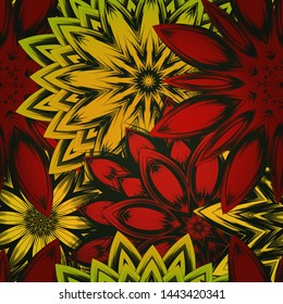 Seamless floral background. The gradient can be off. Tracery handmade nature ethnic fabric backdrop pattern with flowers. Textile design texture. Decorative color art. Vector