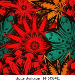 Seamless floral background. The gradient can be off. Tracery handmade nature ethnic fabric backdrop pattern with flowers. Textile design texture. Decorative color art. Vector