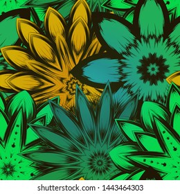 Seamless floral background. The gradient can be off. Tracery handmade nature ethnic fabric backdrop pattern with flowers. Textile design texture. Decorative color art. Vector