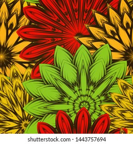 Seamless floral background. The gradient can be off. Tracery handmade nature ethnic fabric backdrop pattern with flowers. Textile design texture. Decorative color art. Vector