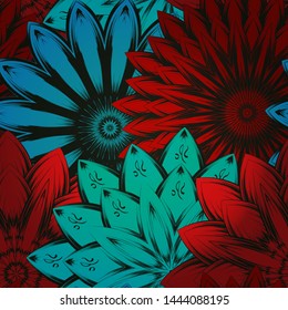 Seamless floral background. The gradient can be off. Tracery handmade nature ethnic fabric backdrop pattern with flowers. Textile design texture. Decorative color art. Vector