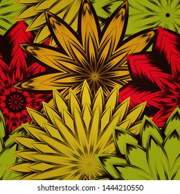 Seamless floral background. The gradient can be off. Tracery handmade nature ethnic fabric backdrop pattern with flowers. Textile design texture. Decorative color art. Vector