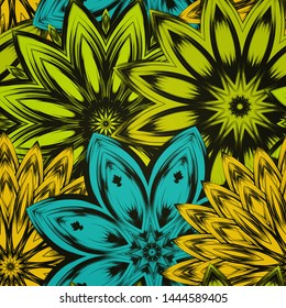 Seamless floral background. The gradient can be off. Tracery handmade nature ethnic fabric backdrop pattern with flowers. Textile design texture. Decorative color art. Vector