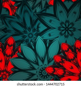Seamless floral background. The gradient can be off. Tracery handmade nature ethnic fabric backdrop pattern with flowers. Textile design texture. Decorative color art. Vector