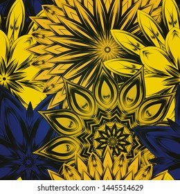 Seamless floral background. The gradient can be off. Tracery handmade nature ethnic fabric backdrop pattern with flowers. Textile design texture. Decorative color art. Vector
