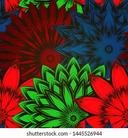 Seamless floral background. The gradient can be off. Tracery handmade nature ethnic fabric backdrop pattern with flowers. Textile design texture. Decorative color art. Vector