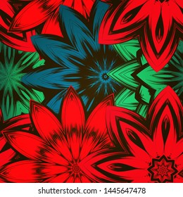 Seamless floral background. The gradient can be off. Tracery handmade nature ethnic fabric backdrop pattern with flowers. Textile design texture. Decorative color art. Vector