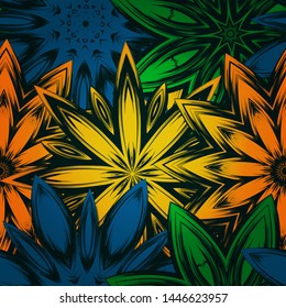 Seamless floral background. The gradient can be off. Tracery handmade nature ethnic fabric backdrop pattern with flowers. Textile design texture. Decorative color art. Vector