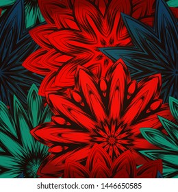 Seamless floral background. The gradient can be off. Tracery handmade nature ethnic fabric backdrop pattern with flowers. Textile design texture. Decorative color art. Vector