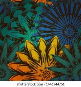 Seamless floral background. The gradient can be off. Tracery handmade nature ethnic fabric backdrop pattern with flowers. Textile design texture. Decorative color art. Vector
