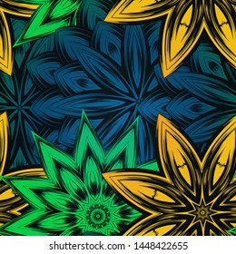 Seamless floral background. The gradient can be off. Tracery handmade nature ethnic fabric backdrop pattern with flowers. Textile design texture. Decorative color art. Vector