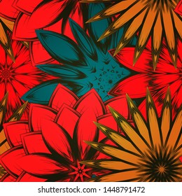 Seamless floral background. The gradient can be off. Tracery handmade nature ethnic fabric backdrop pattern with flowers. Textile design texture. Decorative color art. Vector