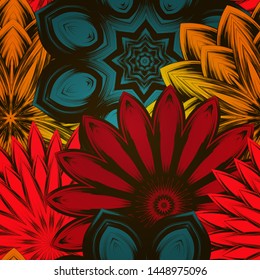 Seamless floral background. The gradient can be off. Tracery handmade nature ethnic fabric backdrop pattern with flowers. Textile design texture. Decorative color art. Vector