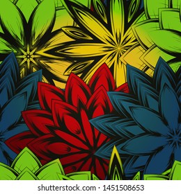Seamless floral background. The gradient can be off. Tracery handmade nature ethnic fabric backdrop pattern with flowers. Textile design texture. Decorative color art. Vector