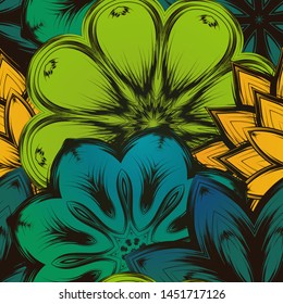 Seamless floral background. The gradient can be off. Tracery handmade nature ethnic fabric backdrop pattern with flowers. Textile design texture. Decorative color art. Vector