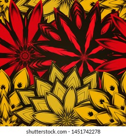 Seamless floral background. The gradient can be off. Tracery handmade nature ethnic fabric backdrop pattern with flowers. Textile design texture. Decorative color art. Vector