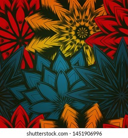 Seamless floral background. The gradient can be off. Tracery handmade nature ethnic fabric backdrop pattern with flowers. Textile design texture. Decorative color art. Vector