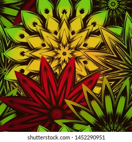 Seamless floral background. The gradient can be off. Tracery handmade nature ethnic fabric backdrop pattern with flowers. Textile design texture. Decorative color art. Vector