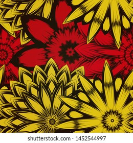 Seamless floral background. The gradient can be off. Tracery handmade nature ethnic fabric backdrop pattern with flowers. Textile design texture. Decorative color art. Vector