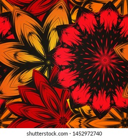 Seamless floral background. The gradient can be off. Tracery handmade nature ethnic fabric backdrop pattern with flowers. Textile design texture. Decorative color art. Vector