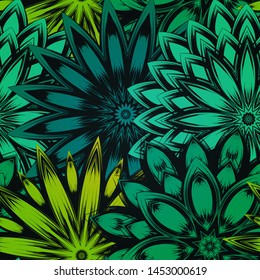 Seamless floral background. The gradient can be off. Tracery handmade nature ethnic fabric backdrop pattern with flowers. Textile design texture. Decorative color art. Vector