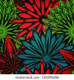 Seamless floral background. The gradient can be off. Tracery handmade nature ethnic fabric backdrop pattern with flowers. Textile design texture. Decorative color art. Vector