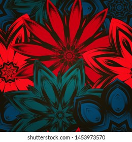 Seamless floral background. The gradient can be off. Tracery handmade nature ethnic fabric backdrop pattern with flowers. Textile design texture. Decorative color art. Vector