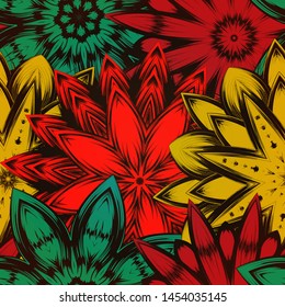 Seamless floral background. The gradient can be off. Tracery handmade nature ethnic fabric backdrop pattern with flowers. Textile design texture. Decorative color art. Vector