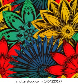 Seamless floral background. The gradient can be off. Tracery handmade nature ethnic fabric backdrop pattern with flowers. Textile design texture. Decorative color art. Vector