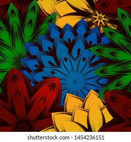 Seamless floral background. The gradient can be off. Tracery handmade nature ethnic fabric backdrop pattern with flowers. Textile design texture. Decorative color art. Vector