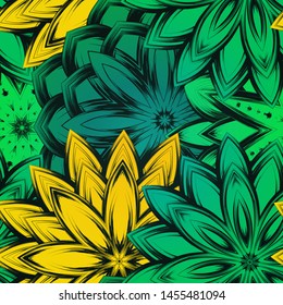 Seamless floral background. The gradient can be off. Tracery handmade nature ethnic fabric backdrop pattern with flowers. Textile design texture. Decorative color art. Vector