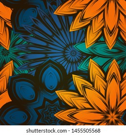 Seamless floral background. The gradient can be off. Tracery handmade nature ethnic fabric backdrop pattern with flowers. Textile design texture. Decorative color art. Vector