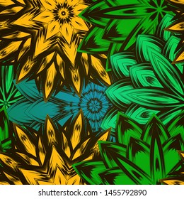 Seamless floral background. The gradient can be off. Tracery handmade nature ethnic fabric backdrop pattern with flowers. Textile design texture. Decorative color art. Vector