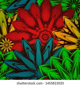 Seamless floral background. The gradient can be off. Tracery handmade nature ethnic fabric backdrop pattern with flowers. Textile design texture. Decorative color art. Vector