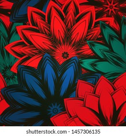 Seamless floral background. The gradient can be off. Tracery handmade nature ethnic fabric backdrop pattern with flowers. Textile design texture. Decorative color art. Vector