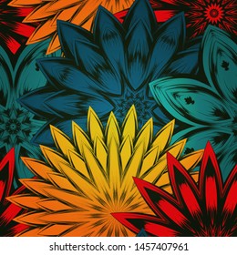 Seamless floral background. The gradient can be off. Tracery handmade nature ethnic fabric backdrop pattern with flowers. Textile design texture. Decorative color art. Vector