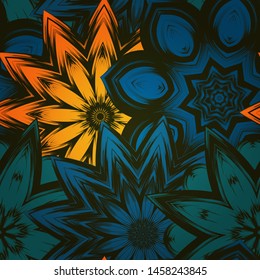 Seamless floral background. The gradient can be off. Tracery handmade nature ethnic fabric backdrop pattern with flowers. Textile design texture. Decorative color art. Vector
