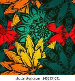 Seamless floral background. The gradient can be off. Tracery handmade nature ethnic fabric backdrop pattern with flowers. Textile design texture. Decorative color art. Vector